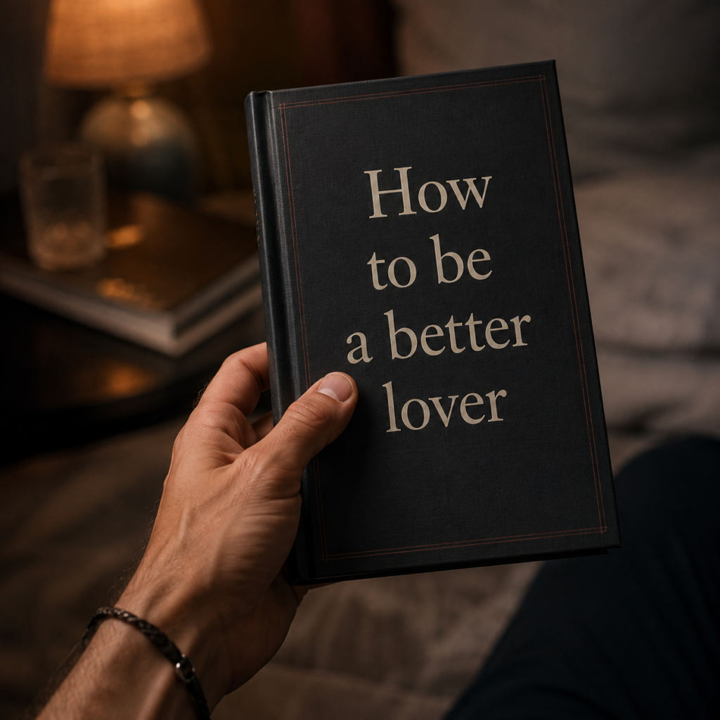 a man holding a book title:"How to be a better lover"